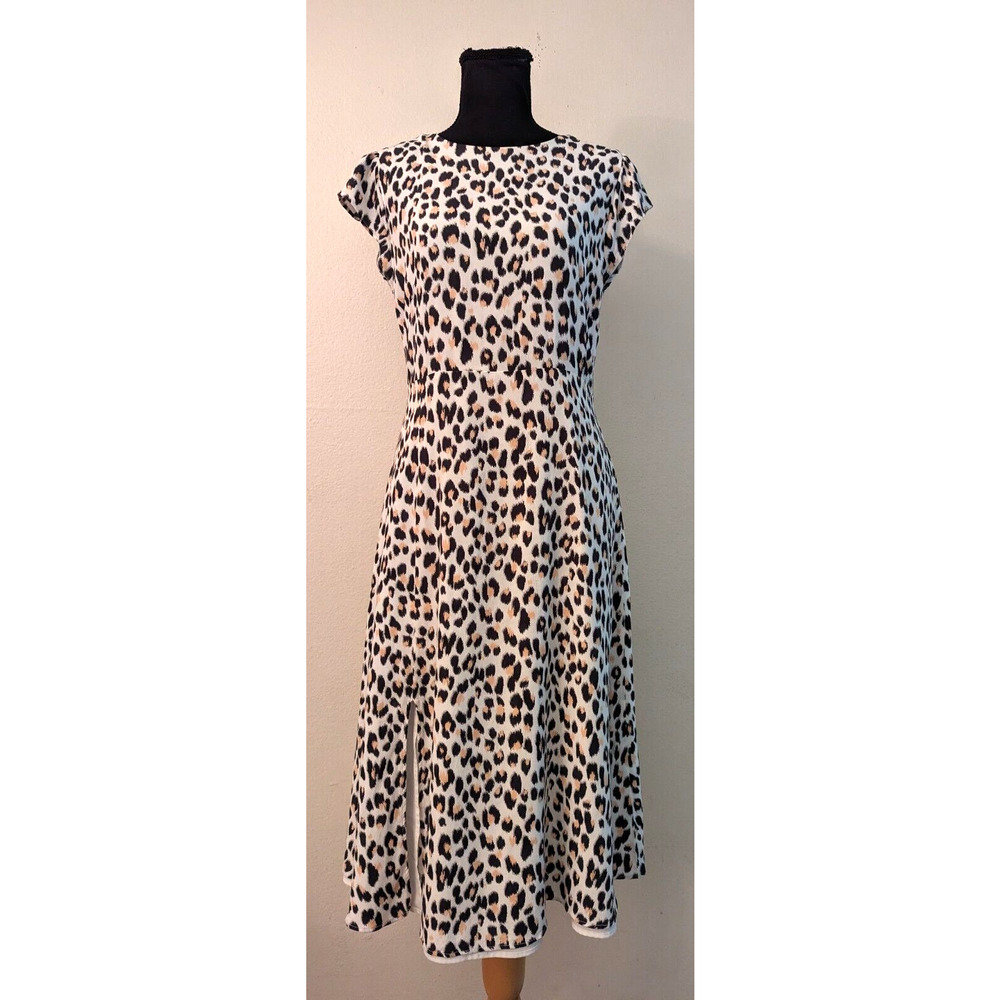 LOFT sz 6 Fit & Flare Midi Length Dress animal print short sleeves lined 0492